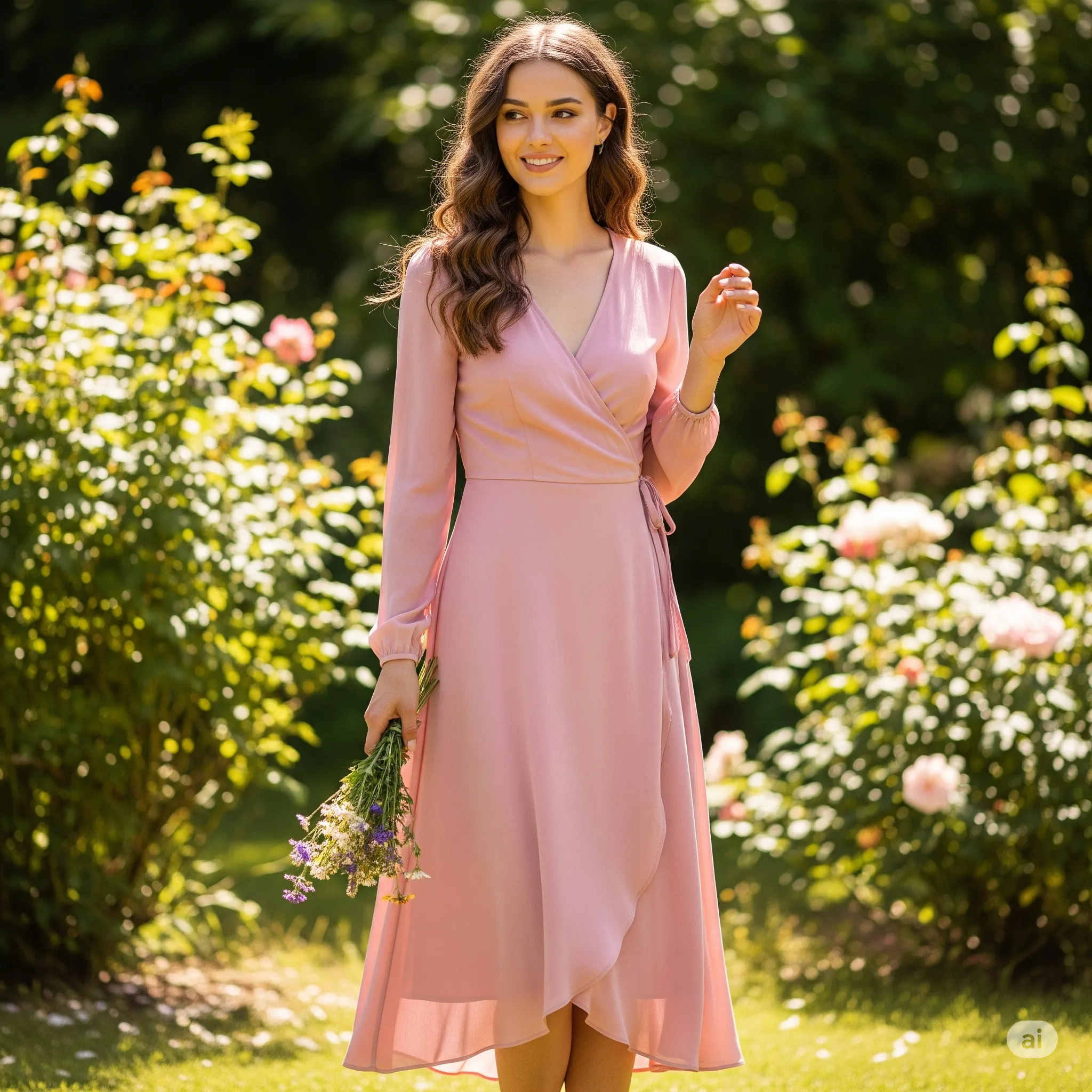 Flowy Midi Wrap Dress – Soft Rose